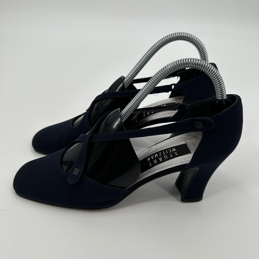 Stuart Weitzman Shoes Womens Size 9.5 Navy Mary Jane Heels Pumps Square Toe - Picture 2 of 8